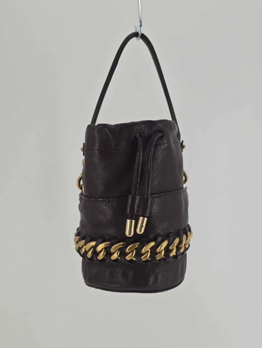 REBECCA MINKOFF Dark Burgandy Bucket Bag with Gold Chain Accent